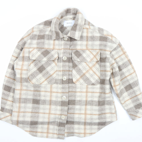 Stradivarius Women Beige Check Shacket Jacket Size 14 Lined Button Up