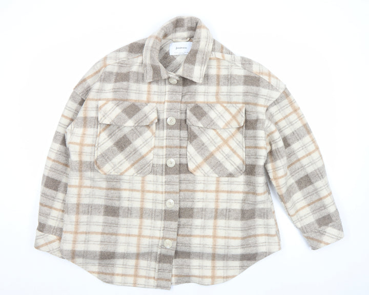 Stradivarius Women Beige Check Shacket Jacket Size 14 Lined Button Up