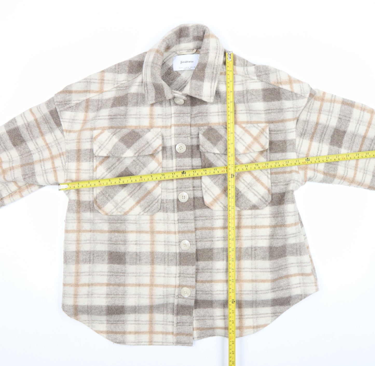 Stradivarius Women Beige Check Shacket Jacket Size 14 Lined Button Up