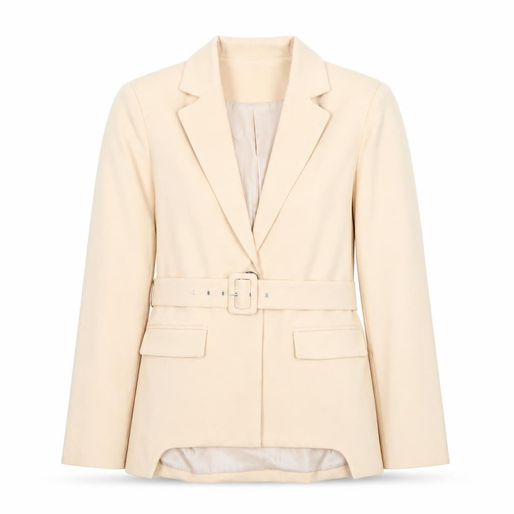Front view of In The Style women’s beige belted blazer jacket, size UK 14
