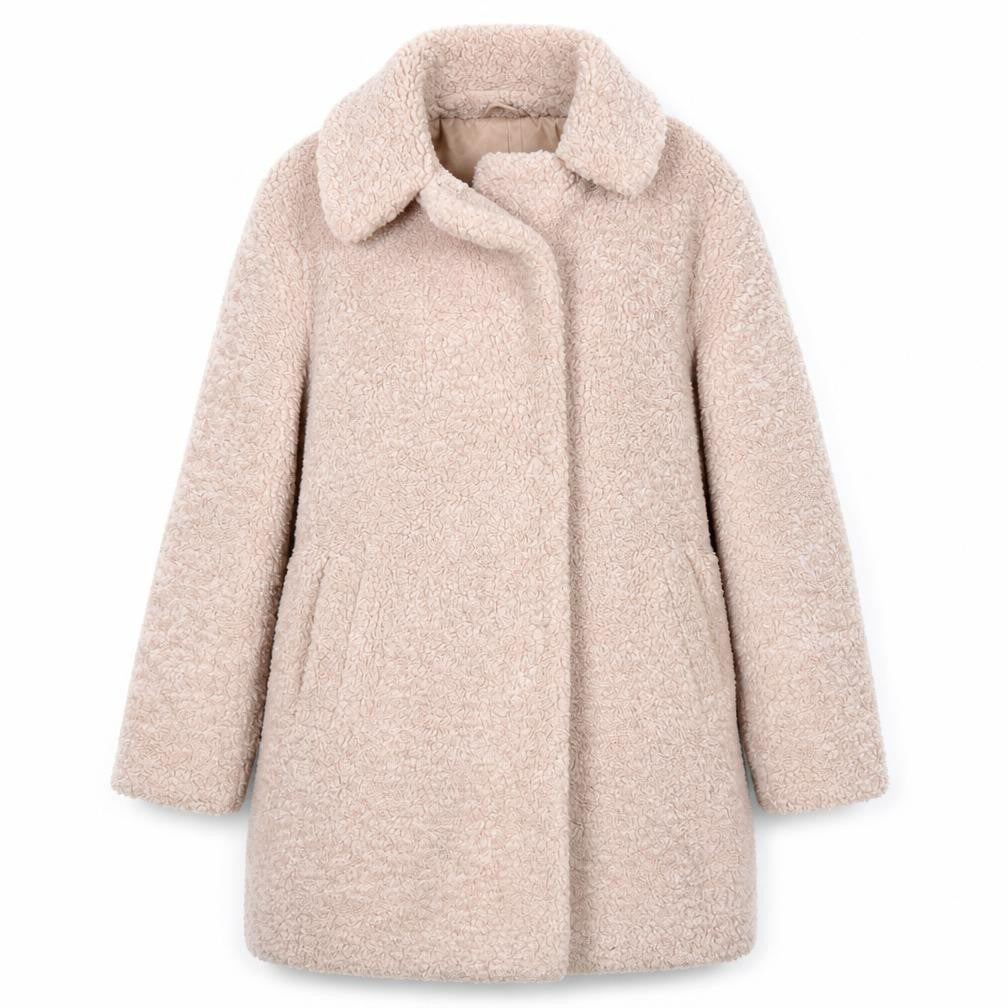 Front view of New Look women’s beige teddy overcoat, size UK 10, fleece lined