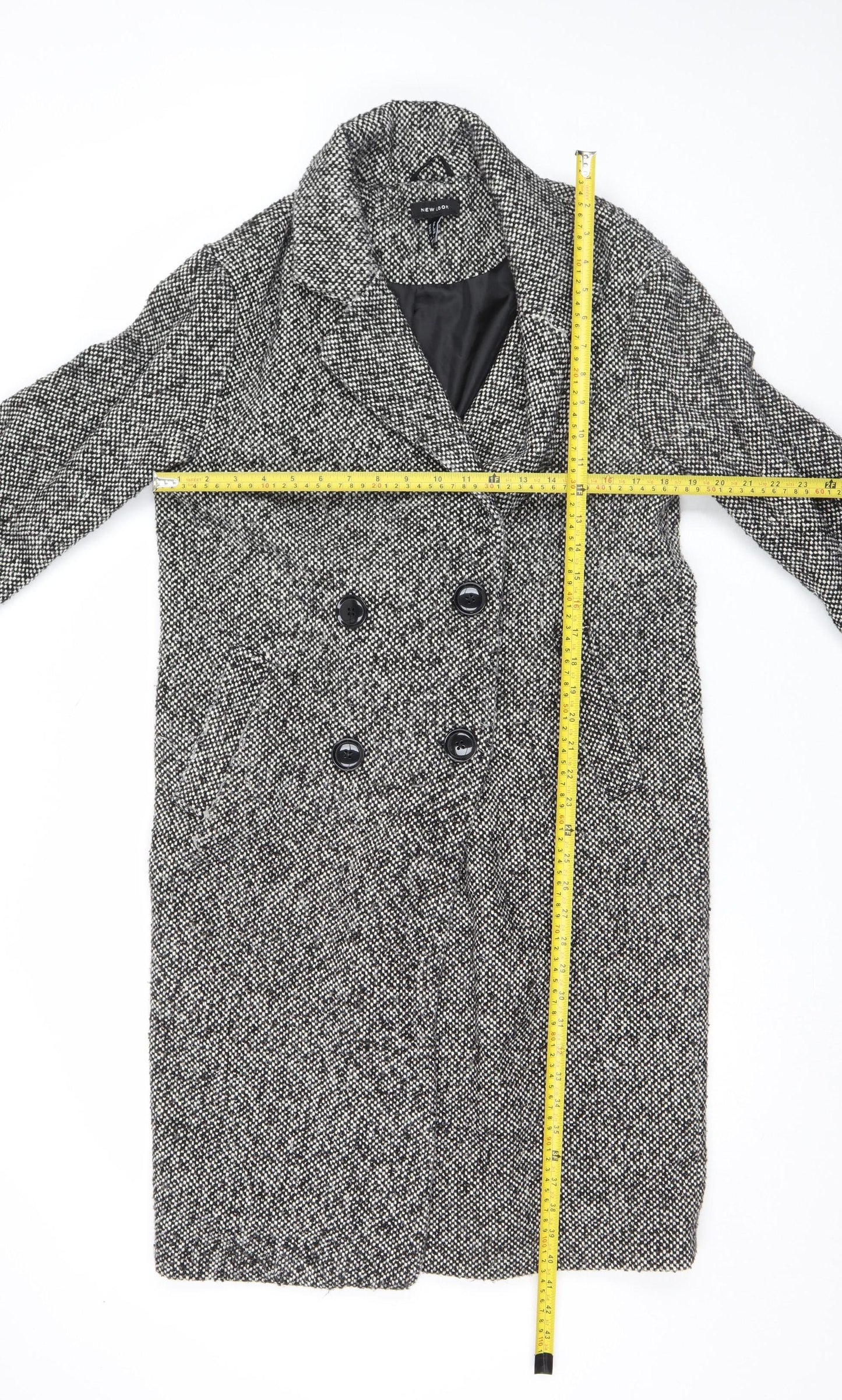 New Look Women's Black Tweed Double-Breasted Pea Coat Size 10