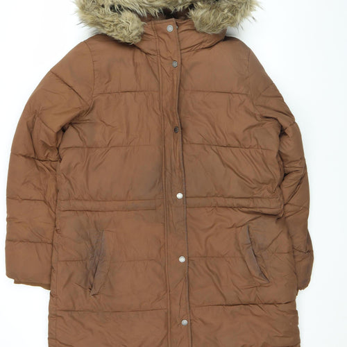 Hollister Women's Brown Long Puffer Jacket Coat L Hooded Faux Fur Winter