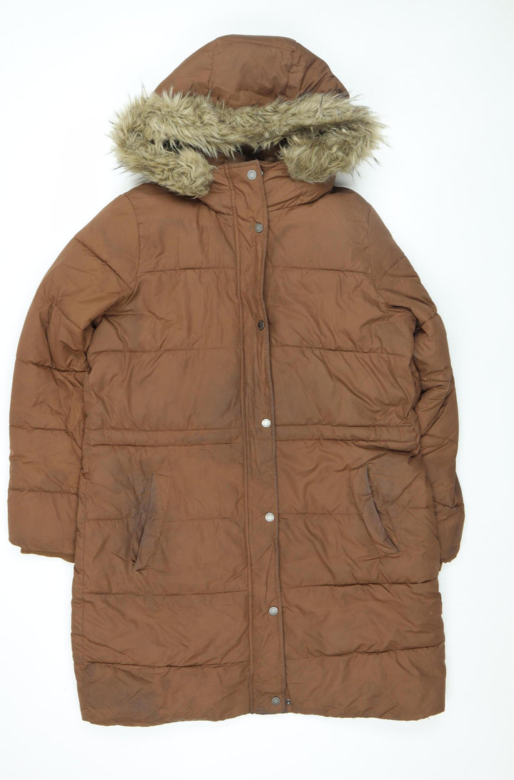 Hollister Women's Brown Long Puffer Jacket Coat L Hooded Faux Fur Winter