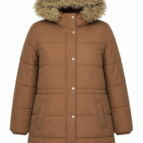 Hollister Women's Brown Long Puffer Jacket Coat L Hooded Faux Fur Winter