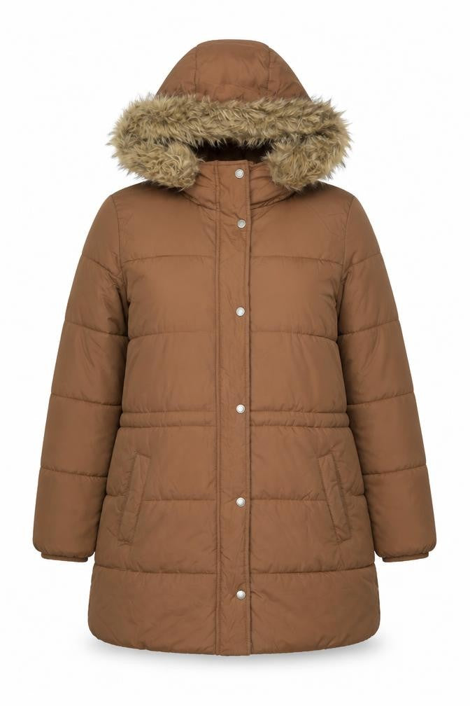 Hollister Women's Brown Long Puffer Jacket Coat L Hooded Faux Fur Winter
