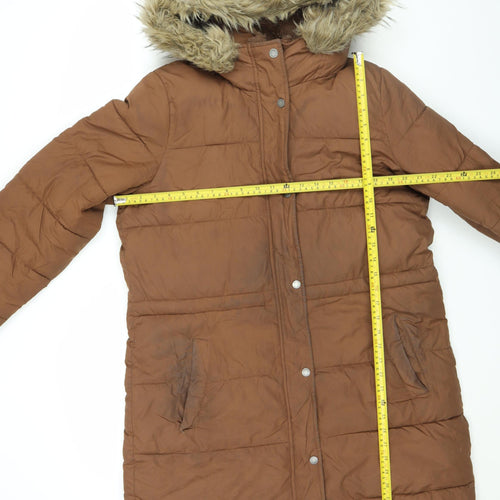 Hollister Women's Brown Long Puffer Jacket Coat L Hooded Faux Fur Winter