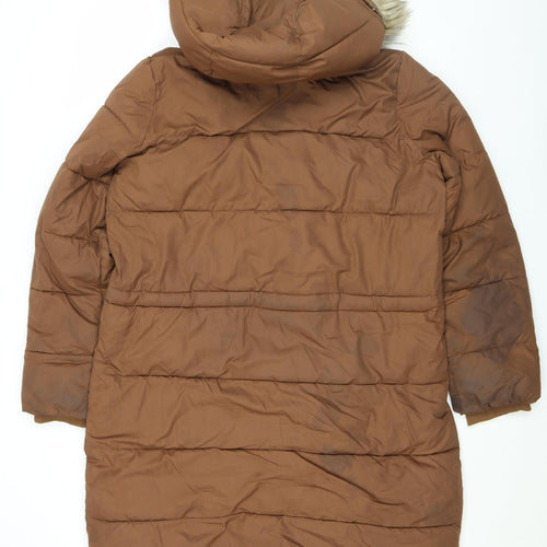 Hollister Women's Brown Long Puffer Jacket Coat L Hooded Faux Fur Winter