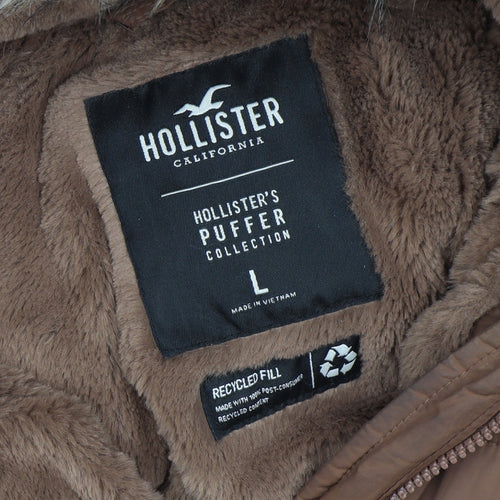 Hollister Women's Brown Long Puffer Jacket Coat L Hooded Faux Fur Winter