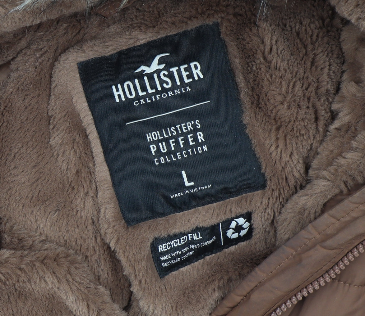 Hollister Women's Brown Long Puffer Jacket Coat L Hooded Faux Fur Winter