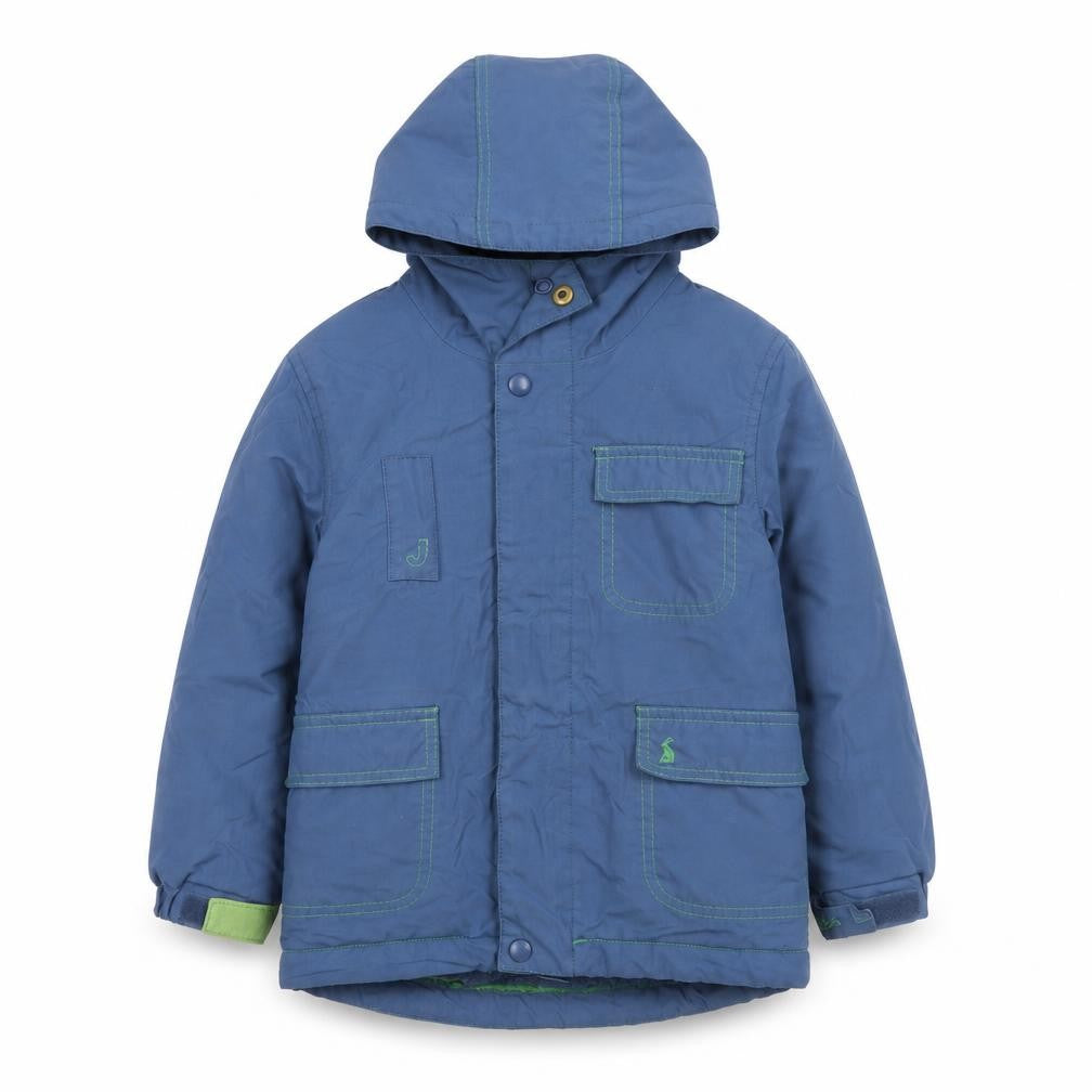 Front view of Joules boys’ blue hooded parka jacket 3 years lined winter coat