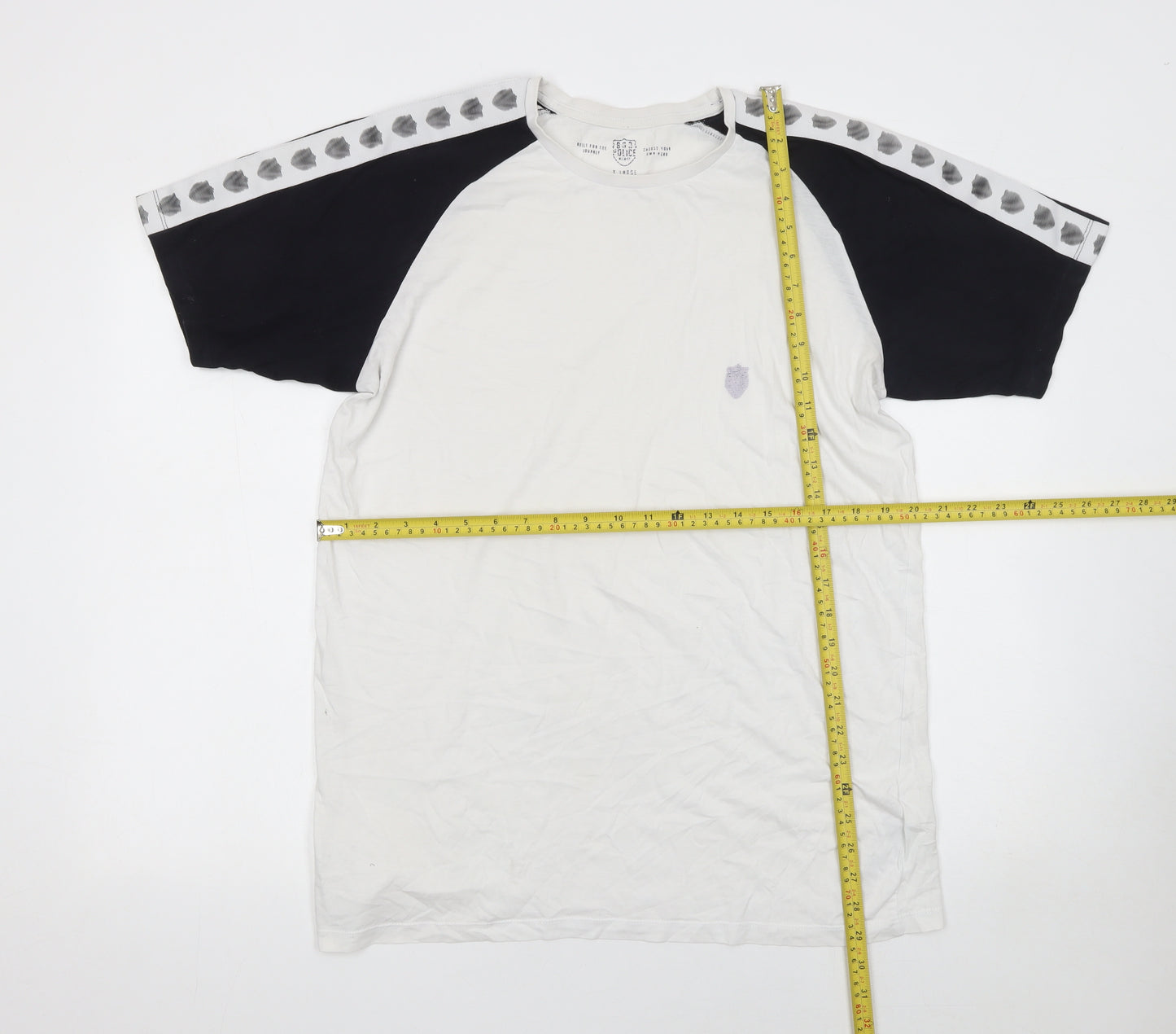 Police Mens White Navy Raglan Crew Neck T-Shirt XL Cotton