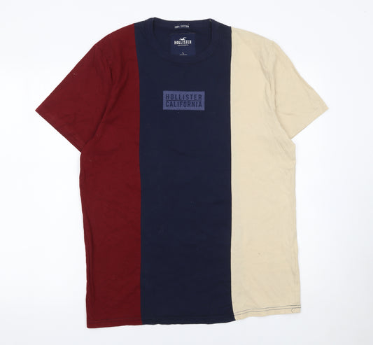 Hollister California Men's Beige Navy Red Colourblock Cotton T-Shirt L