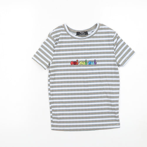 Bershka Women’s Multicoloured Striped Embroidered Oui Oui Oui T-Shirt XS