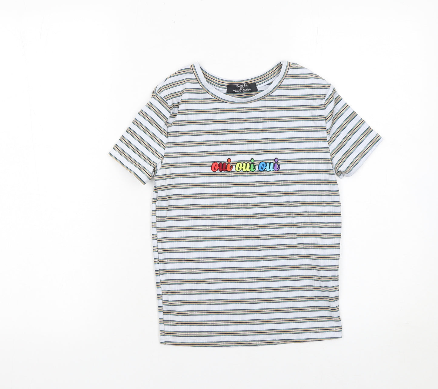 Bershka Women’s Multicoloured Striped Embroidered Oui Oui Oui T-Shirt XS