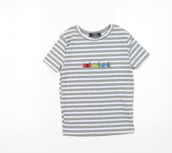 Bershka Women’s Multicoloured Striped Embroidered Oui Oui Oui T-Shirt XS