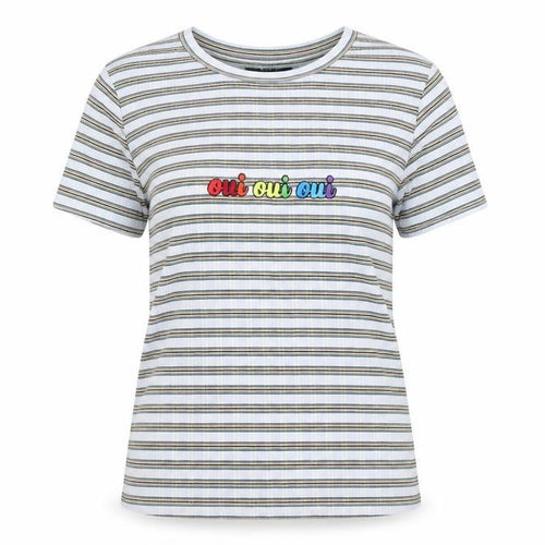 Bershka Women’s Multicoloured Striped Embroidered Oui Oui Oui T-Shirt XS