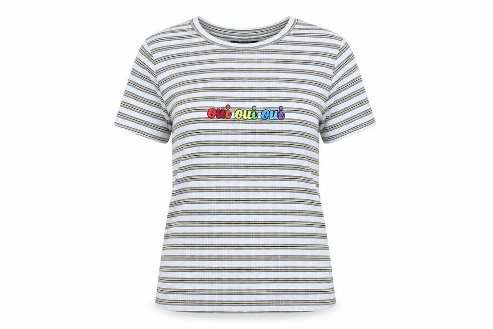 Bershka Women’s Multicoloured Striped Embroidered Oui Oui Oui T-Shirt XS