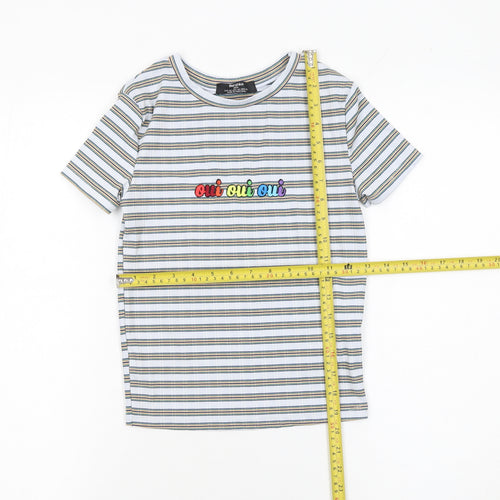 Bershka Women’s Multicoloured Striped Embroidered Oui Oui Oui T-Shirt XS