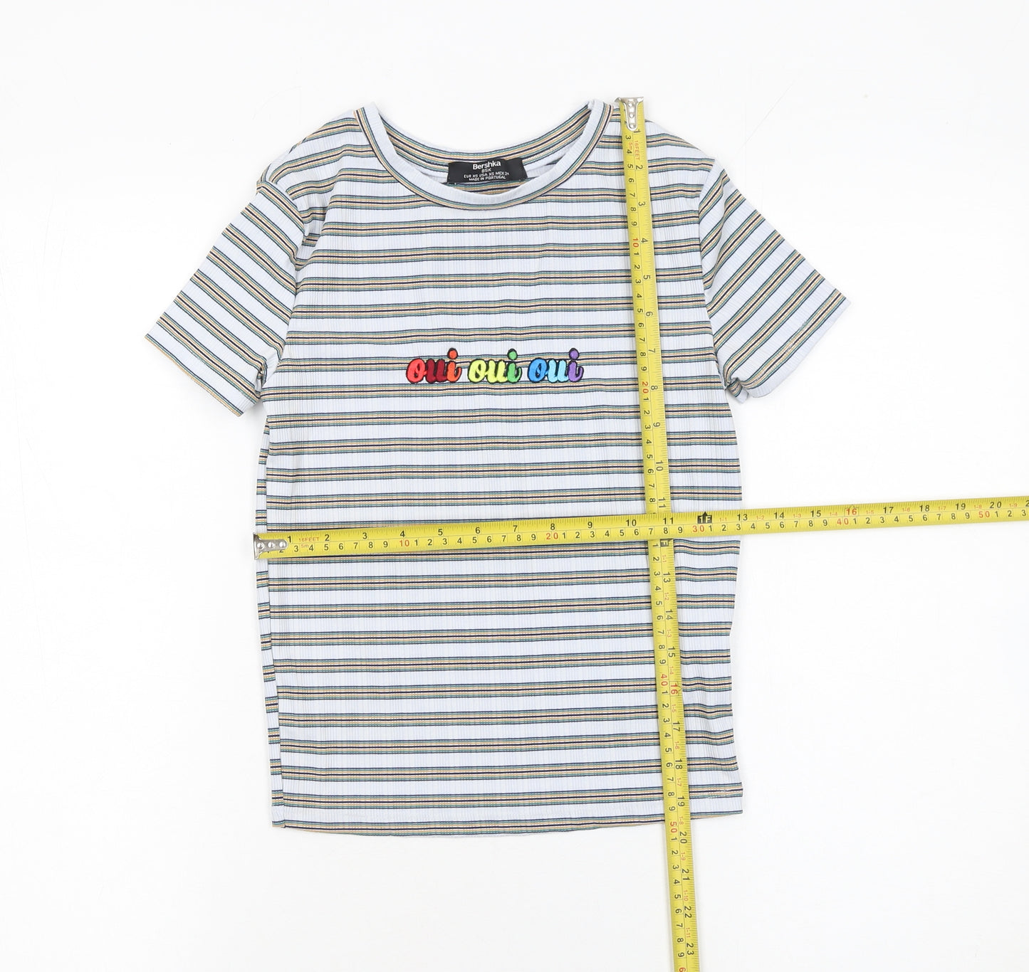 Bershka Women’s Multicoloured Striped Embroidered Oui Oui Oui T-Shirt XS