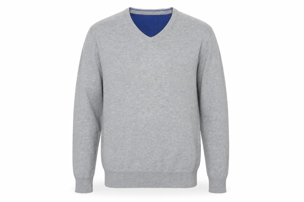 Front view of Jeff Banis Men’s Grey Cotton V-Neck Jumper, size M