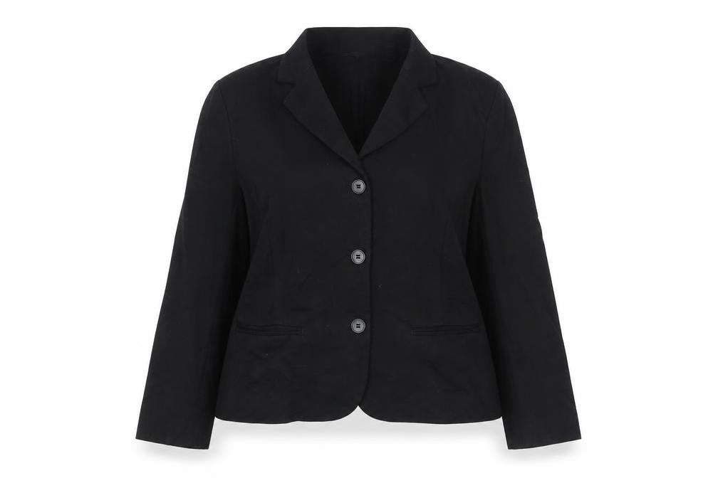 Front view of H&M Women's Black Blazer Jacket, size 14, Regular Fit Single-Breasted