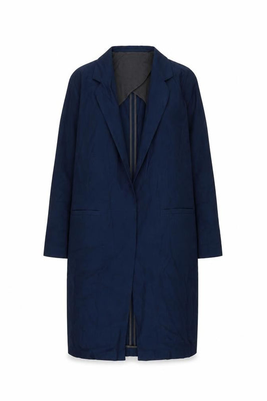 Front view of Next Women's Navy Blue Regular Fit Long Blazer Coat, size 10