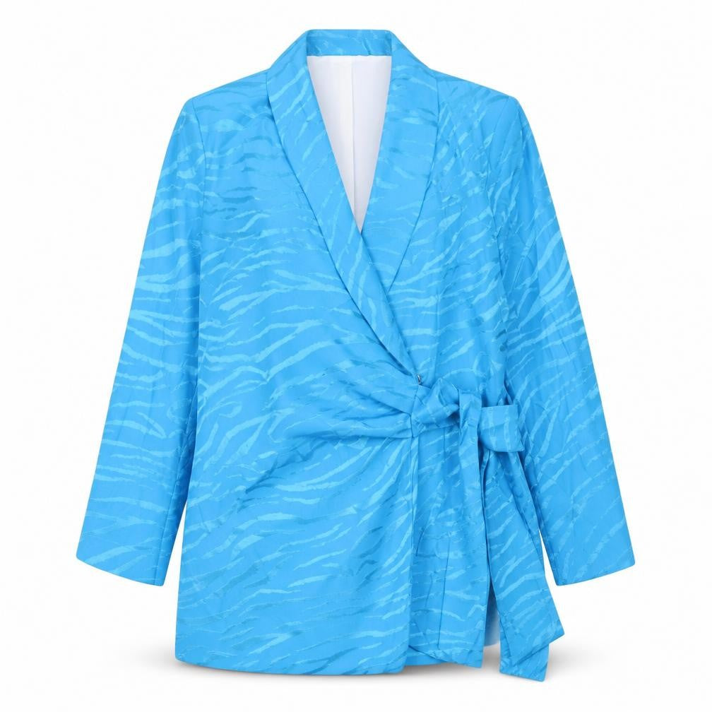 Front view of River Island Women Blue Belted Shawl Collar Blazer, size 14