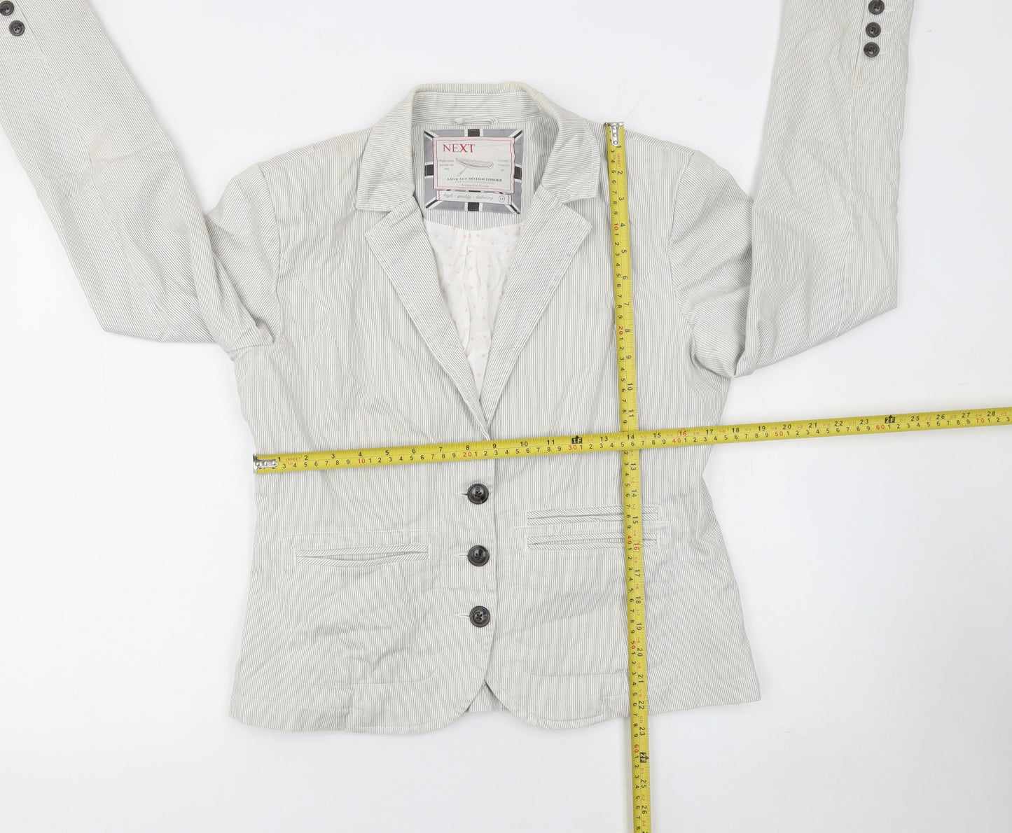 Next Women Beige Striped Cotton Blazer Size 14 Regular Fit Jacket