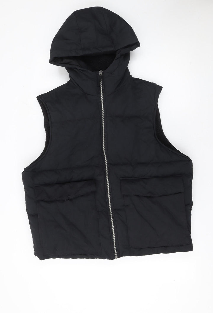 Zara Women Black Hooded Puffer Waistcoat Lined Zip Vest Size L