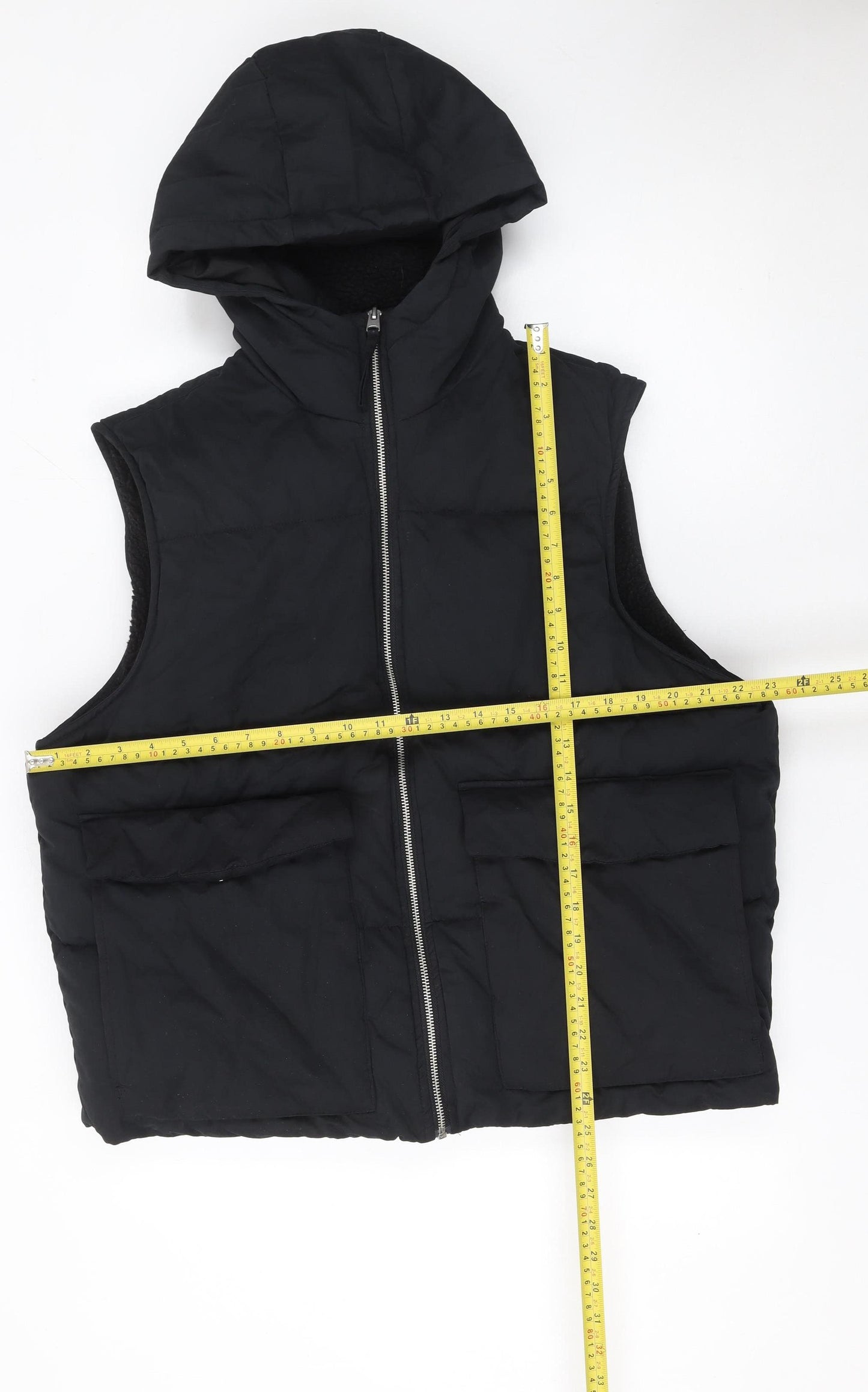Zara Women Black Hooded Puffer Waistcoat Lined Zip Vest Size L