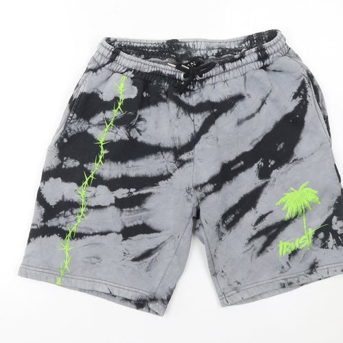 boohooMAN Men’s Grey Tie-Dye Sweat Shorts M Tropical Embroidered