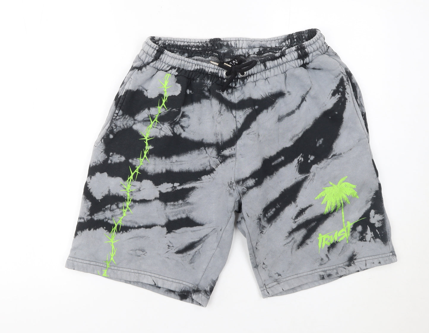 boohooMAN Men’s Grey Tie-Dye Sweat Shorts M Tropical Embroidered