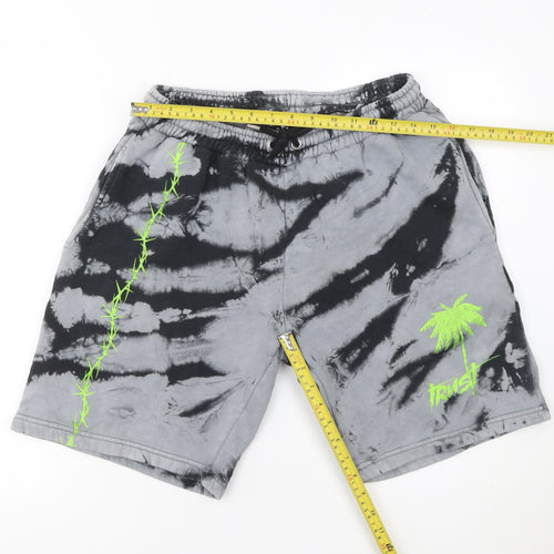 boohooMAN Men’s Grey Tie-Dye Sweat Shorts M Tropical Embroidered