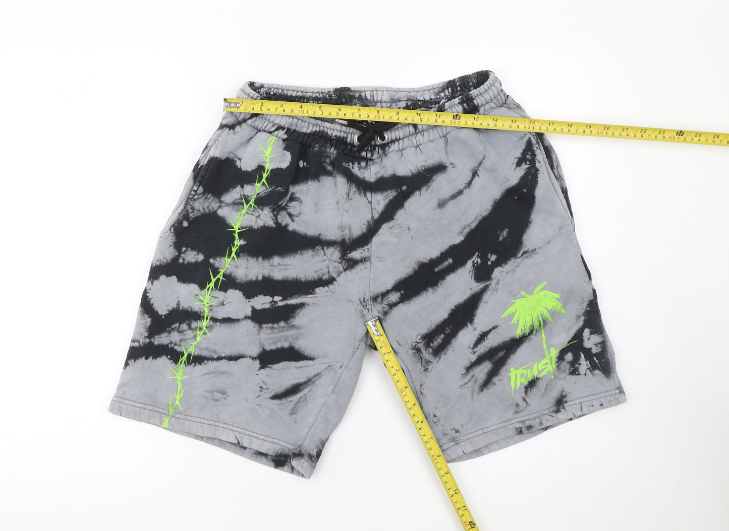 boohooMAN Men’s Grey Tie-Dye Sweat Shorts M Tropical Embroidered