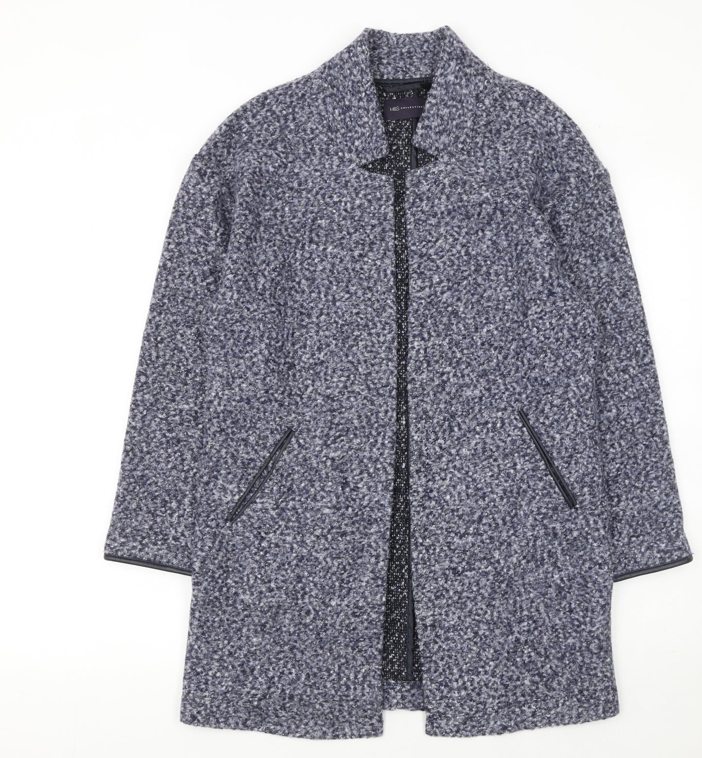 Marks and Spencer Women Blue Petite Size 8 Collared Knit Cardigan