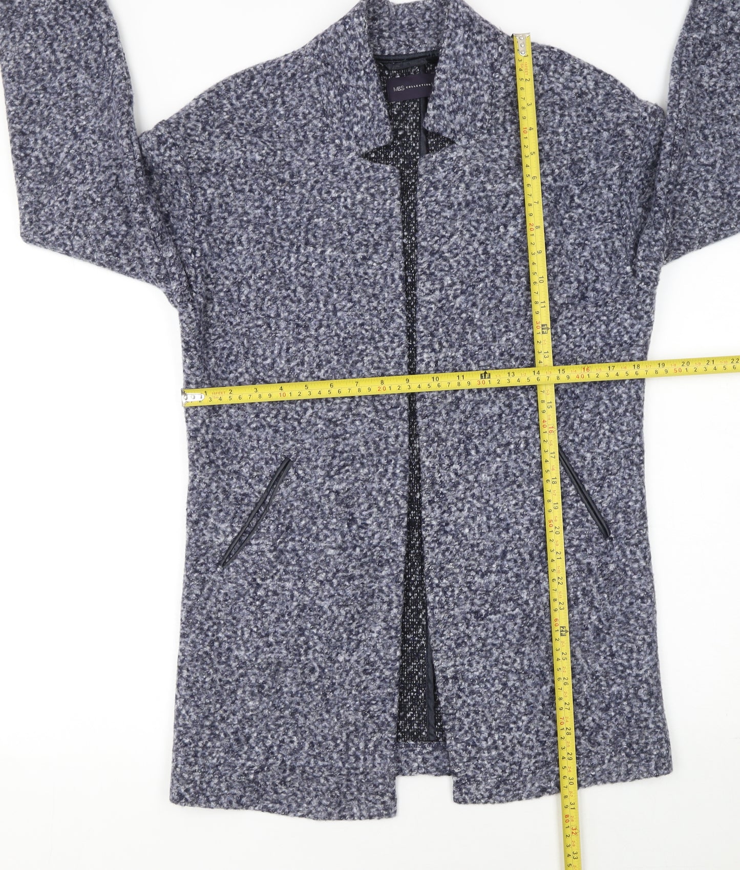 Marks and Spencer Women Blue Petite Size 8 Collared Knit Cardigan