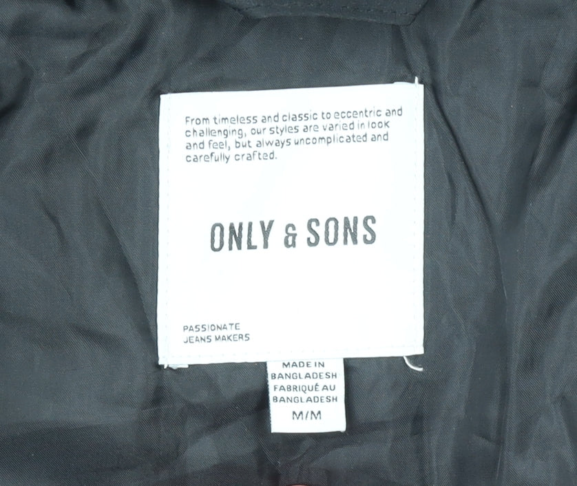ONLY & SONS Men's Black Puffer Jacket Size M Hooded Polyester Winter Coat