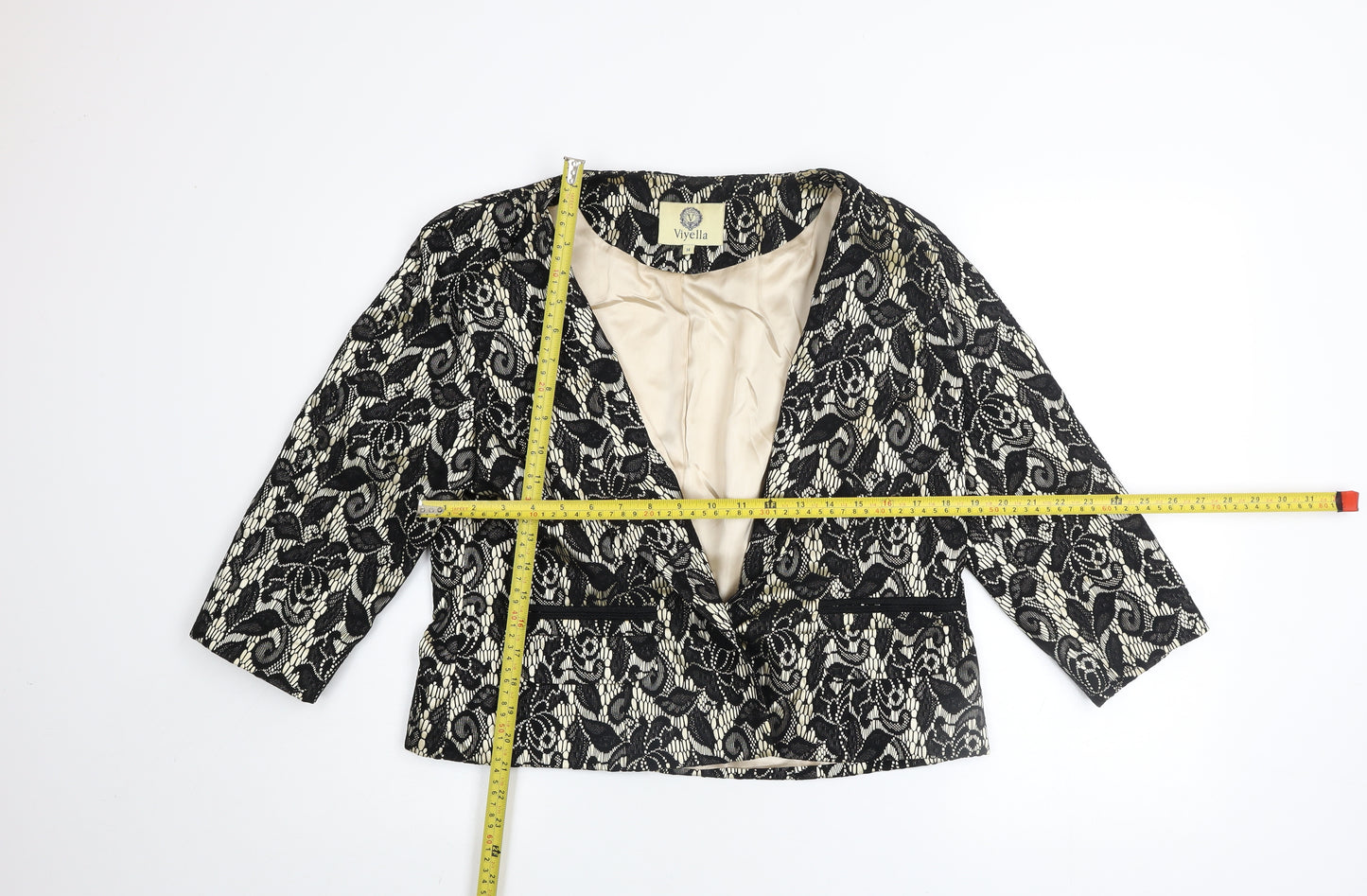 Viyella Women’s Black Floral Lace Satin Blazer Size 14 Elegant Formal Jacket