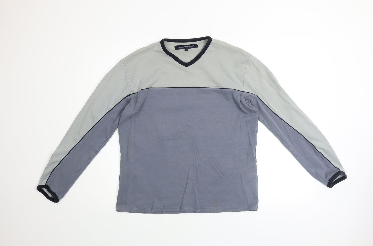 French Connection Men's Grey Colourblock V-Neck Cotton Top M