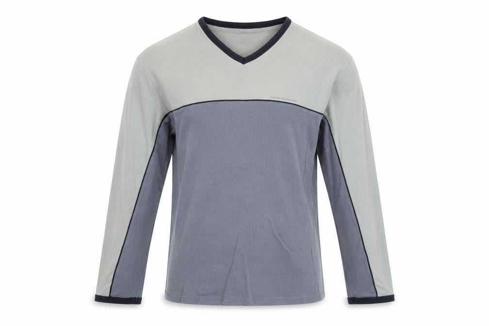 Front view of French Connection Men's Grey Colourblock V-Neck Cotton Top M