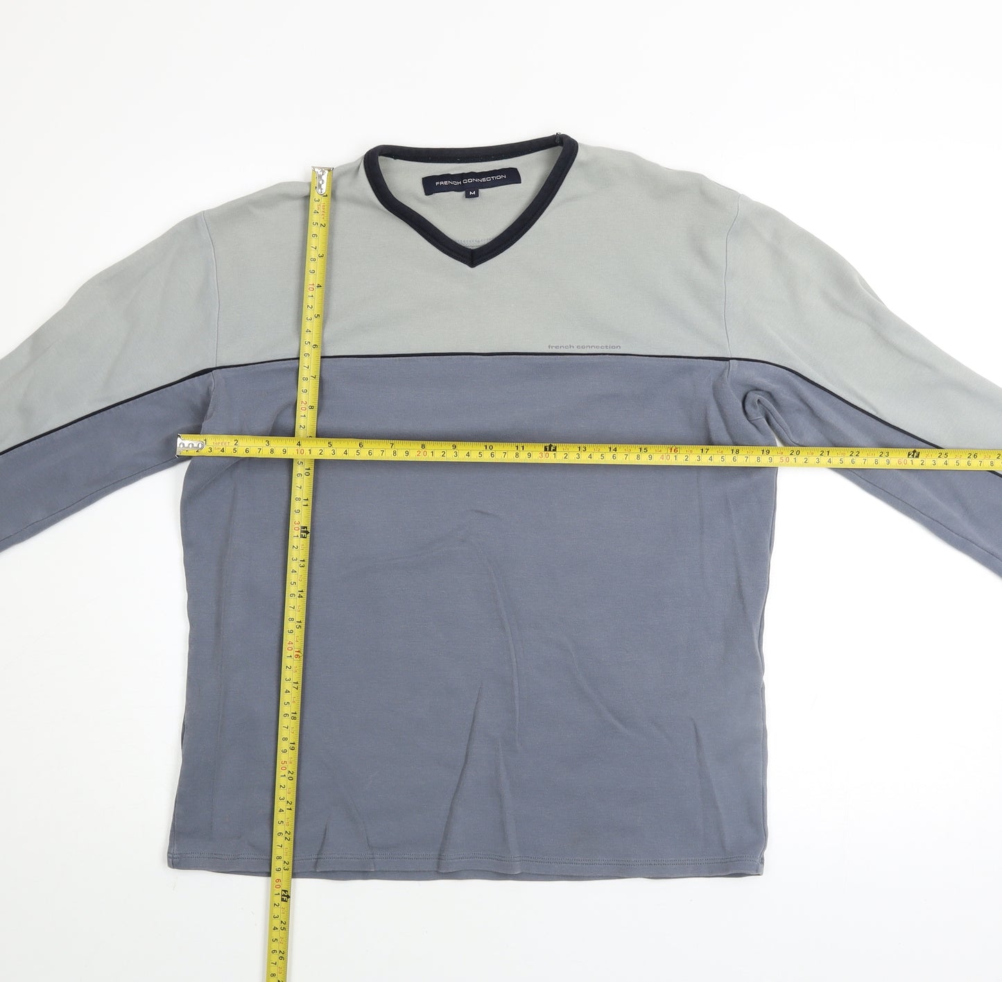 French Connection Men's Grey Colourblock V-Neck Cotton Top M