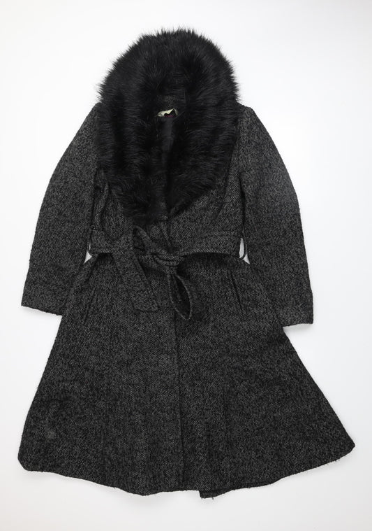Gallery Women's Grey Long Belted Overcoat with Faux Fur Collar - Size 12