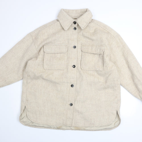 H&M Men's Beige Wool Blend Button Jacket L Casual Mid-Length