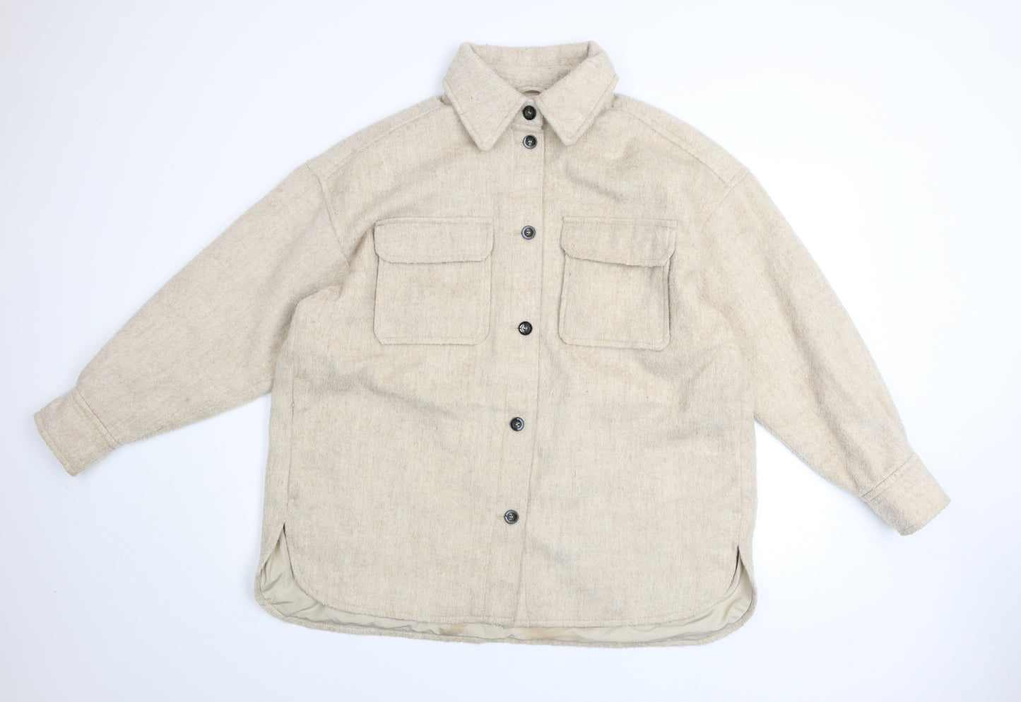 H&M Men's Beige Wool Blend Button Jacket L Casual Mid-Length