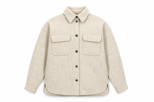 Front view of H&M Men's Beige Wool Blend Button Jacket L Casual Mid-Length