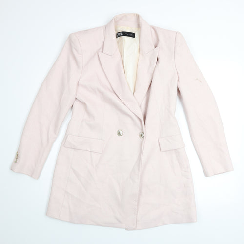 Zara Women Pink Cotton Blend Lined Double Breasted Blazer Size L