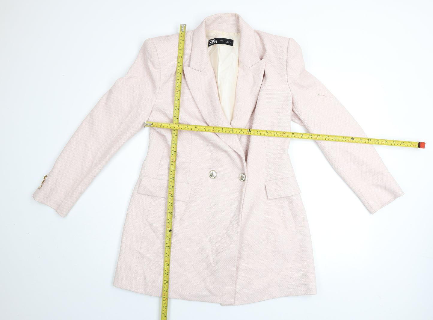 Zara Women Pink Cotton Blend Lined Double Breasted Blazer Size L