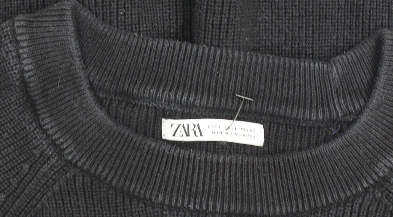 ZARA Men Black Cotton Crew Neck Jumper Size L Classic Knit