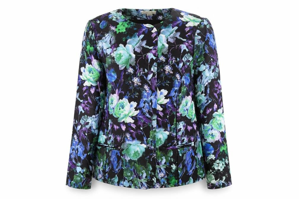 Front view of Monsoon women’s multicoloured floral blazer, size UK 14, lined jacket